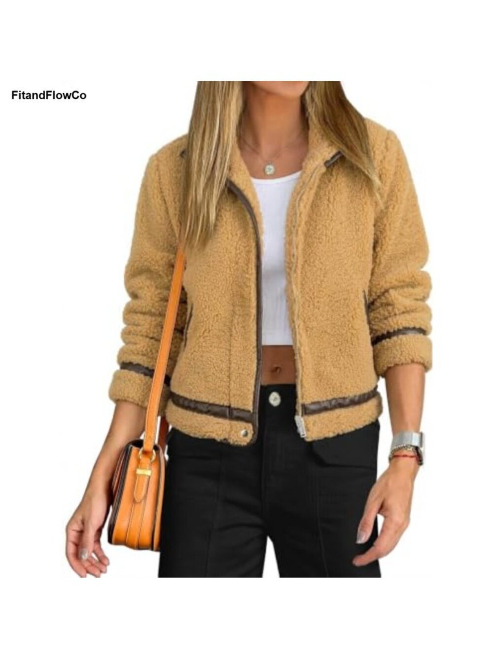 Cropped Sherpa Fleece Jacket Leather-Look Trim Full Zip Winter Coat